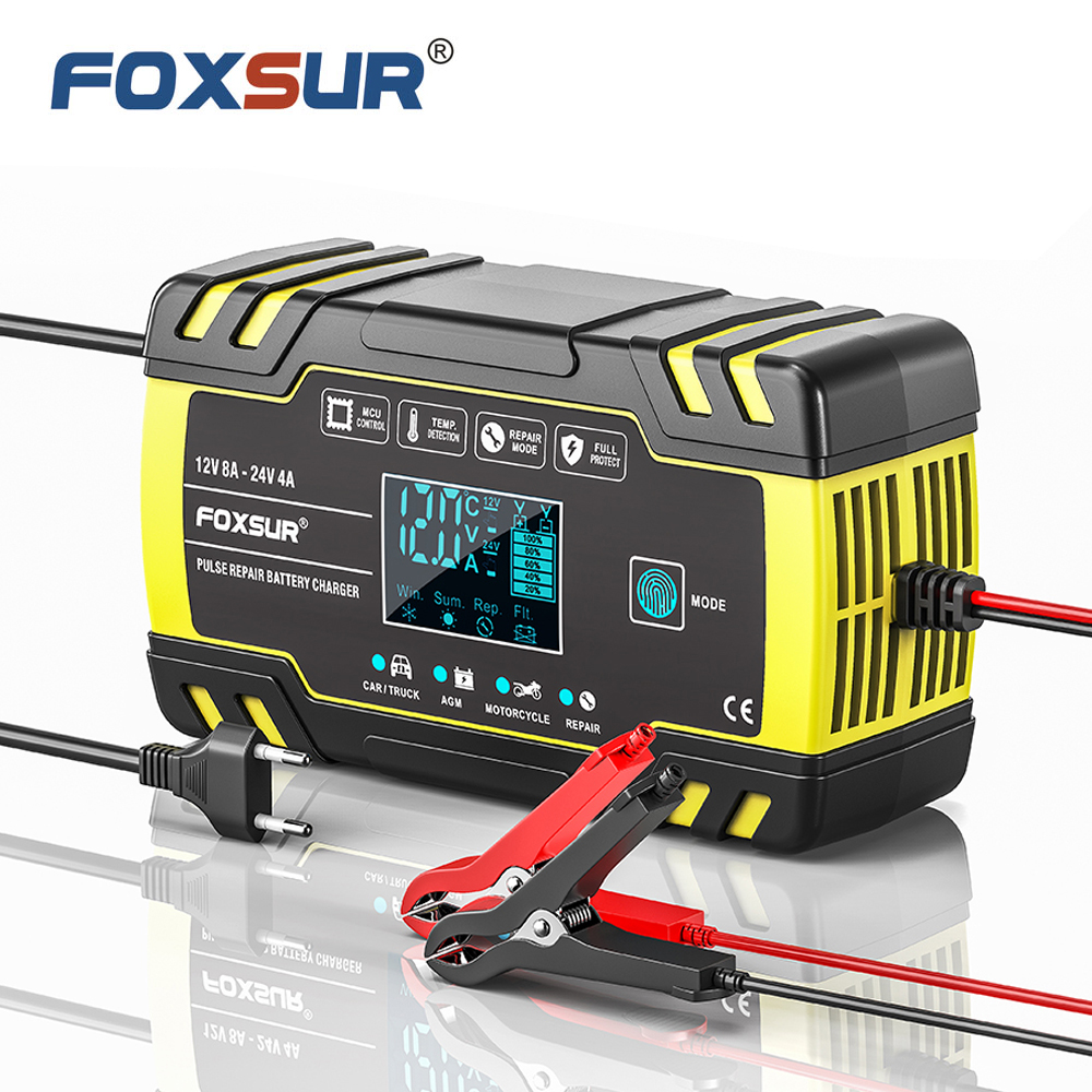 FOXSUR FBC122408D Car Battery Charger,12V/24V 8A 4A Intelligent Automatic Battery Charger for Car