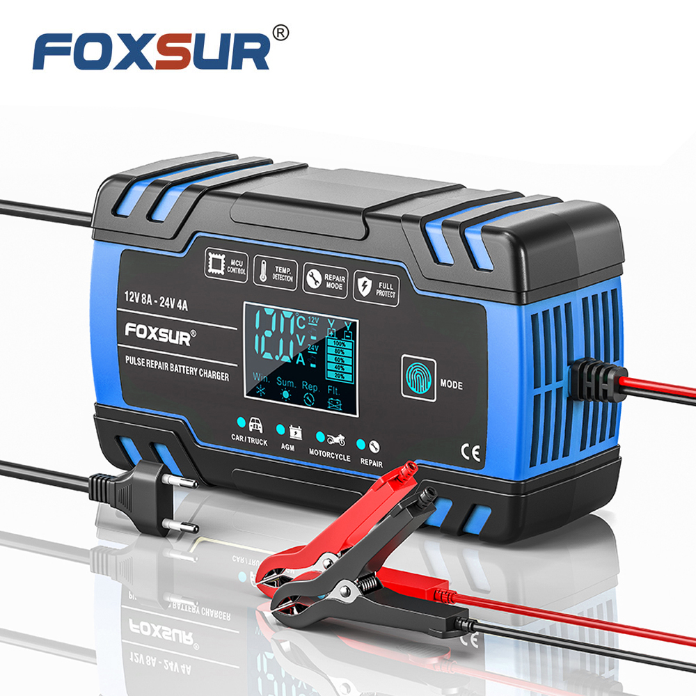 FOXSUR 12V 24V 8A Car Motorcycle Battery Charger ,Lead Acid AGM GEL WET Smart Battery Charger, Pulse Repair Battery Char