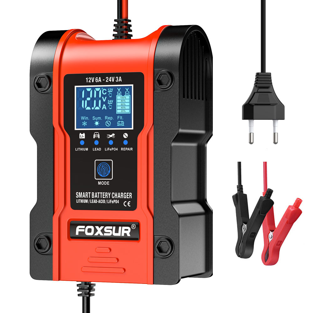 Foxsur 12V 6A motorcycle battery charger 24V 3A 7-Stage Smart lead-Acid Pulse Repair Battery Charger