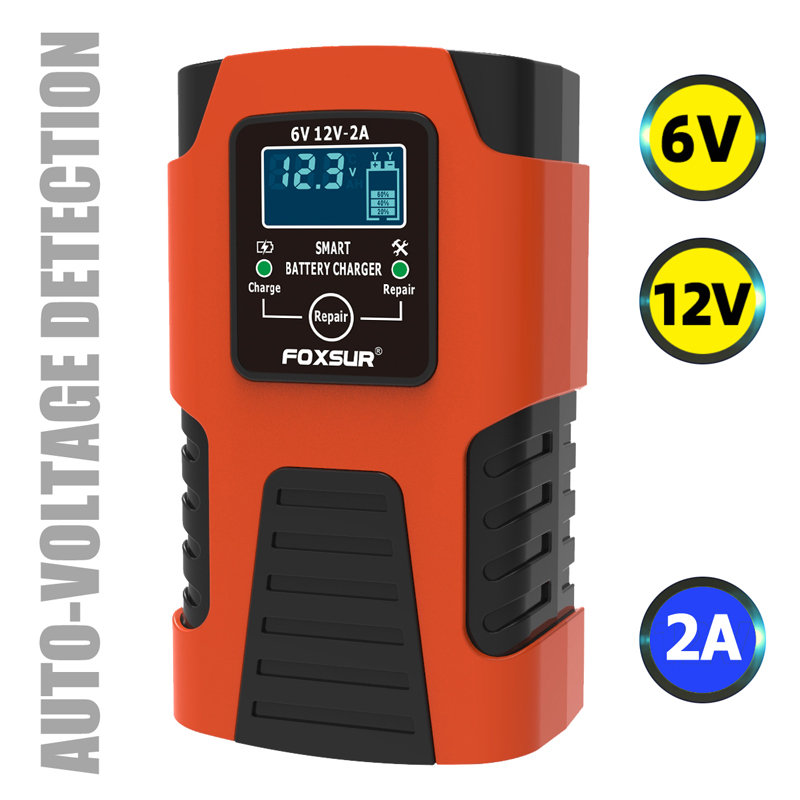 Foxsur 6V 12V 2A Digital Display car battery charger for lead acid battery charger