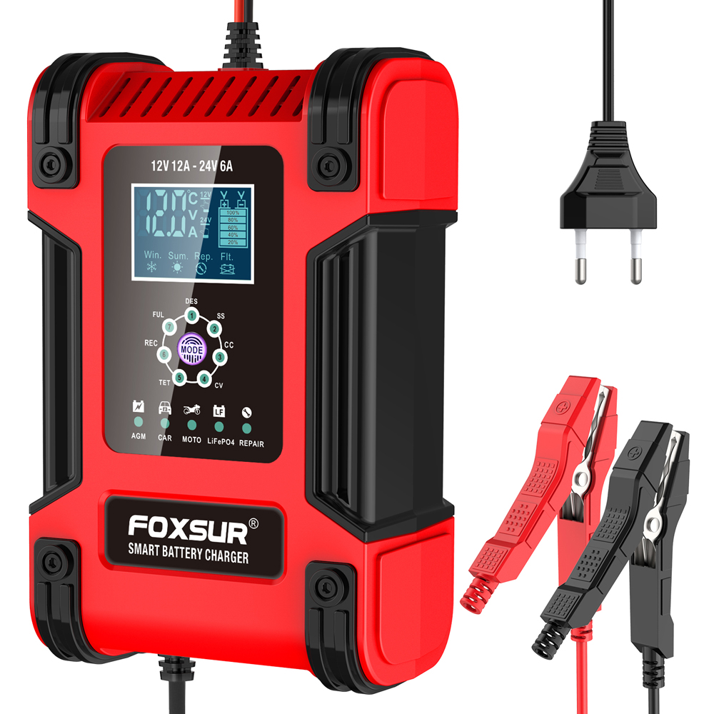 Foxsur 7-stage lead acid battery 12v 24v lithium battery charger 6A 12A Motorcycle Battery