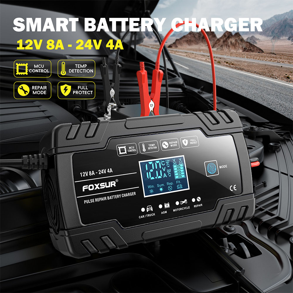 Black Industrial Style 12V 24V AGM Charger 8A Motorcycle Car Battery Charger