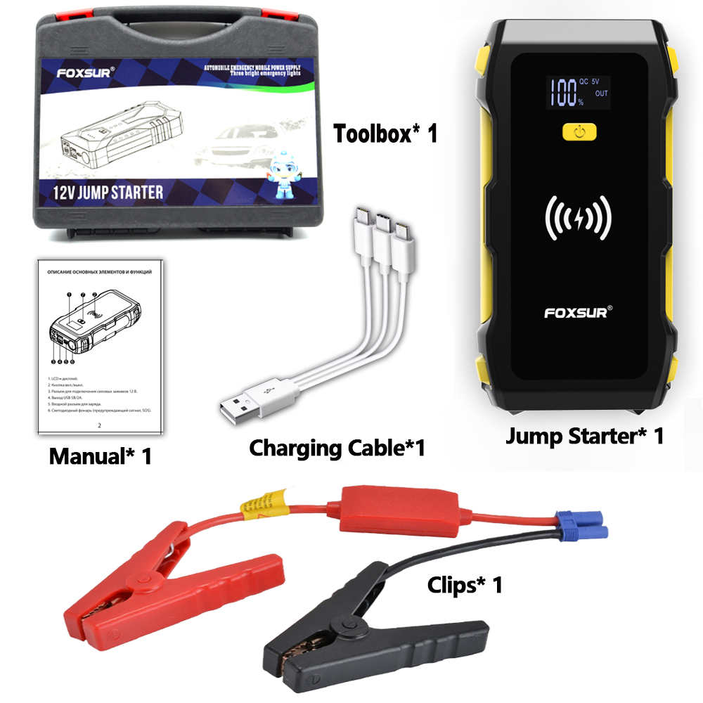 FOWAWU Draagbare Autostarthulp 26800 MAh - 6000A Piekstroom - Voor Benzine/diesel Motoren, Met Powerbank En LED Zaklamp