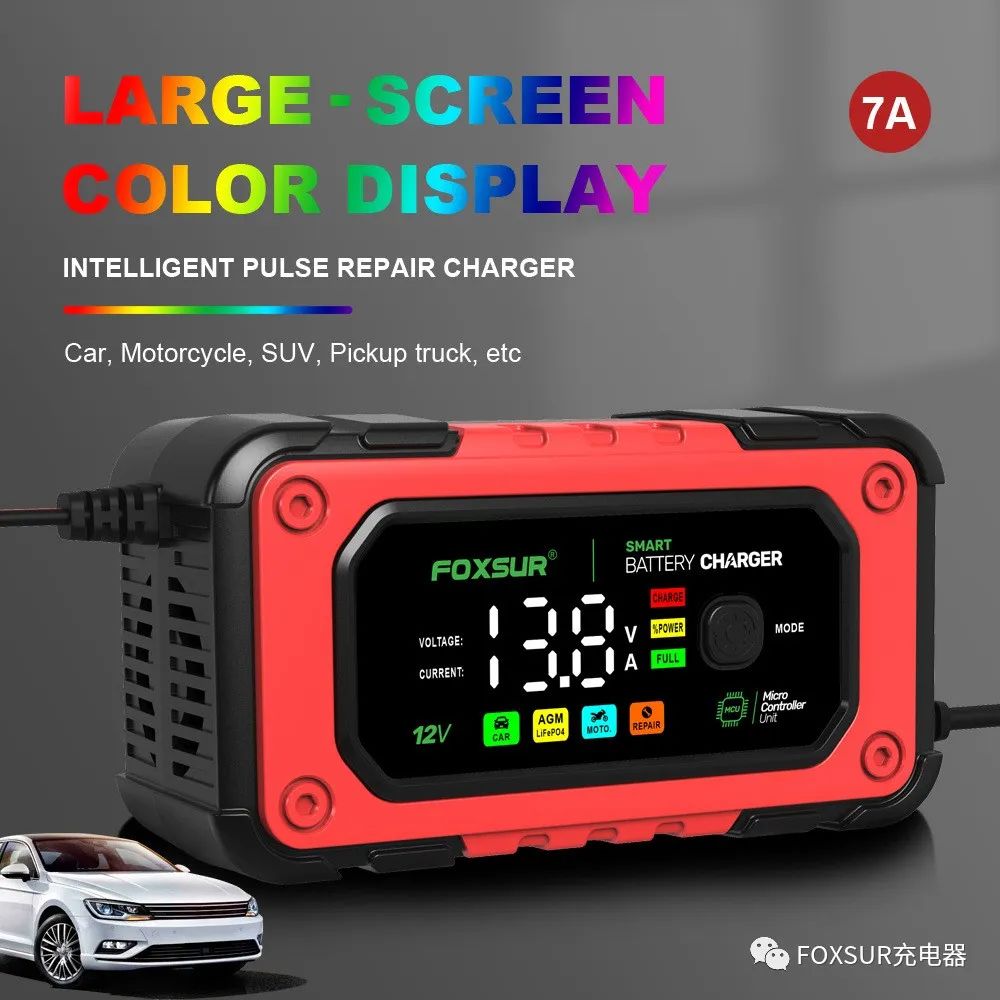"New Product” FOXSUR 7A Large Color Display 12V Motorcycle Car Charger AGM Lead Acid Lithium Ir